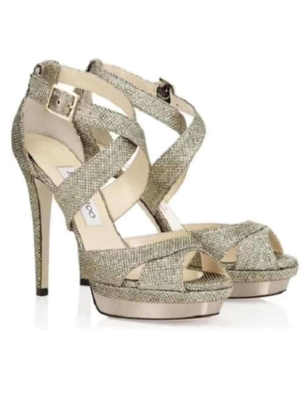 Jimmy Choo Vamp Glitter Metallic Gold Crisscross Platform Sandals